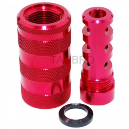 Red Anodized 14x1LH Muzzle Brake for 7.62x39 + 13/16x16 Sleeve Sound Forward